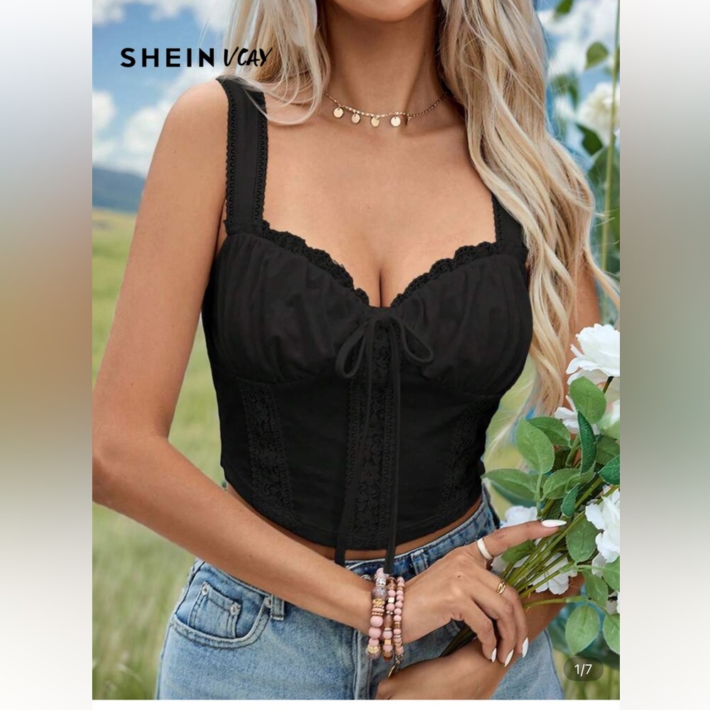 SHEIN Black Crop Top with Lace Detail